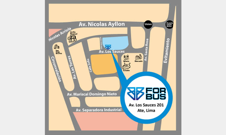 Croquis o mapa para llegar al local principal de Forbus, empresa proveedora de piezas y repuestos para bus